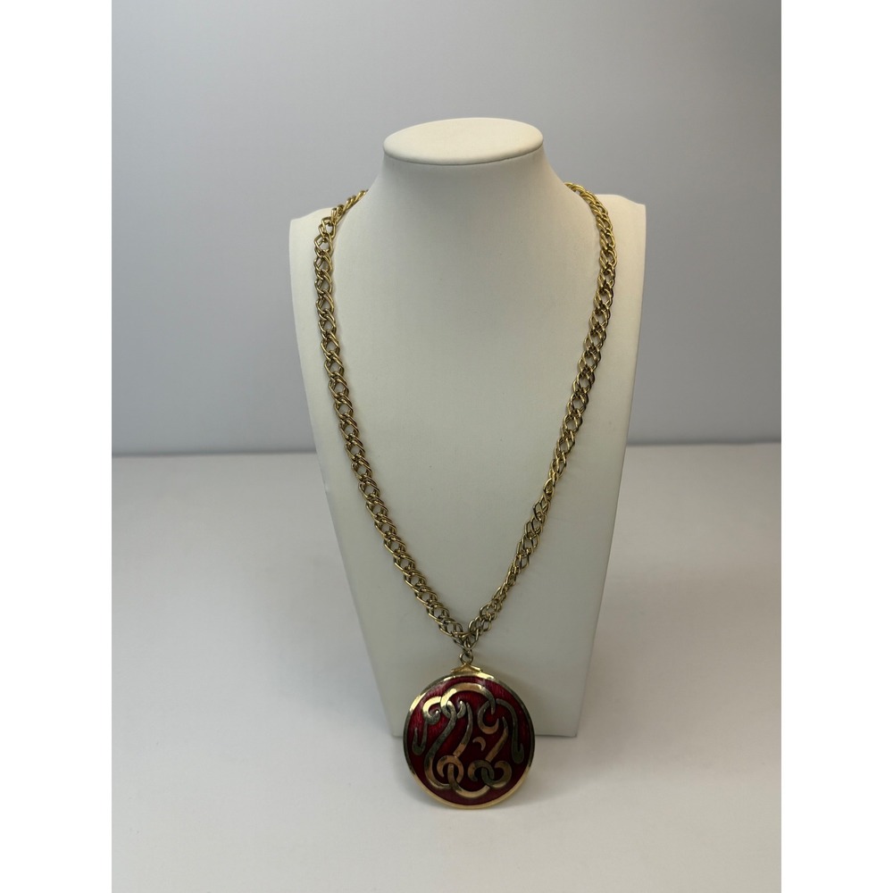 Vintage Gold Tone Red Enamel Scroll Medallion Pendant Necklace Y2K Boho 90s
